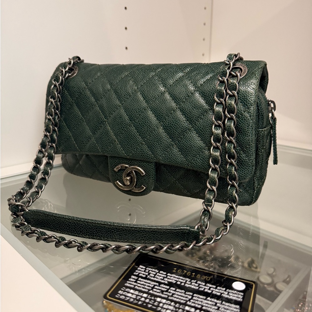 CHANEL Dark Green Quilted Shoulder Bag